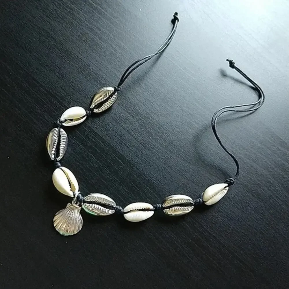 6 Seashell Anklet Bracelets OSFA black cord tie closure half shells silver gold - Picture 5 of 8